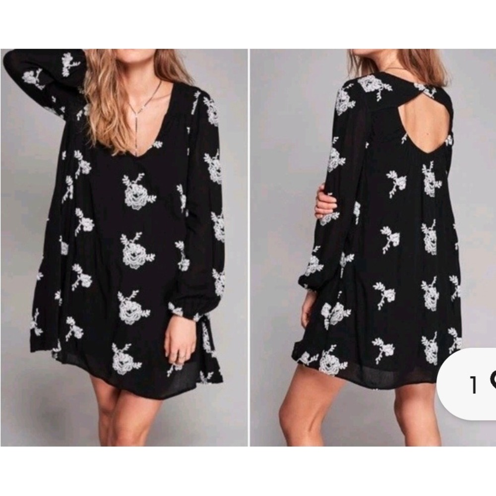 Free People Emma Black Floral Embroidered Guazy Mini Cutout Back Boho Babydoll